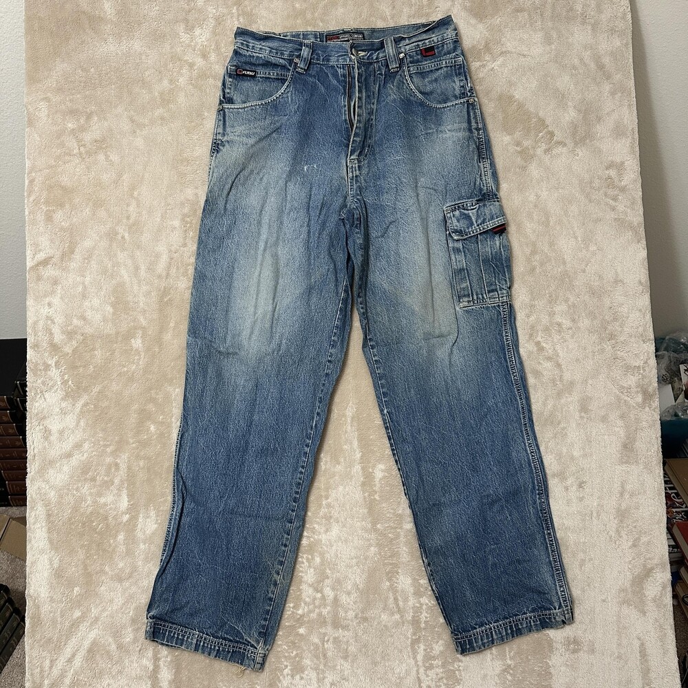 90s FUBU Jeans Mens 32x34 Blue Cargo Carpenter Utility Y2K Baggy Stonewash Denim
